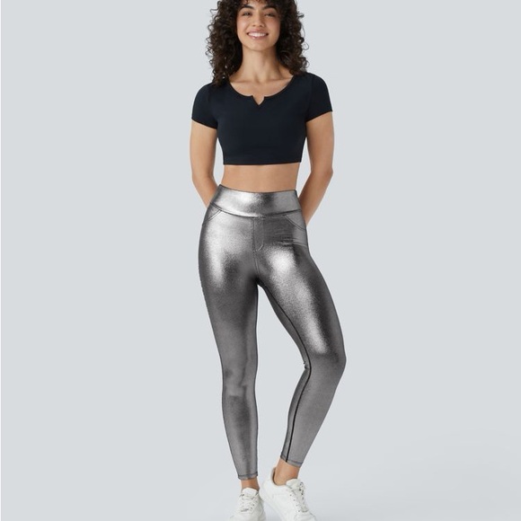 Halara SoftlyZero Faux Leather High Waisted Pocket Work Leggings Large Silver - Picture 7 of 9